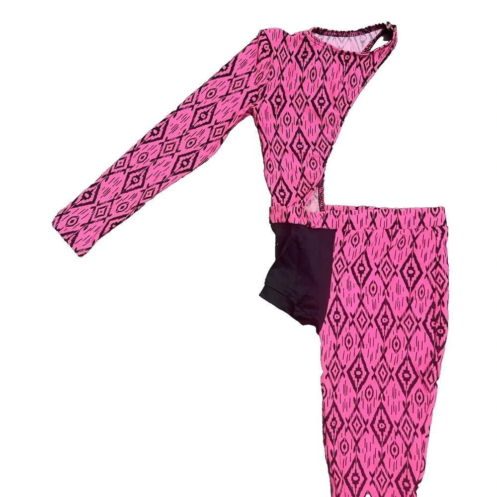 Weissman One Leg Arm Dance Costume Size M Hot Pink Black Cutout Biketard Unitard